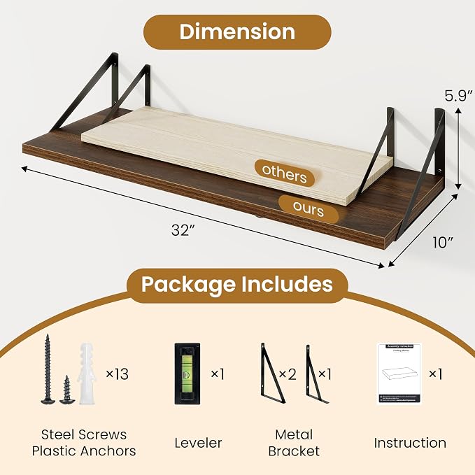 Acovy Floating Shelf for Wall,32" WX10 D Wood Floating Shelves with Sturdy Metal Bracket Set of 2,Wall Mounted Hanging Shelf for Bathroom,Bedroom,Kitchen,Walnut