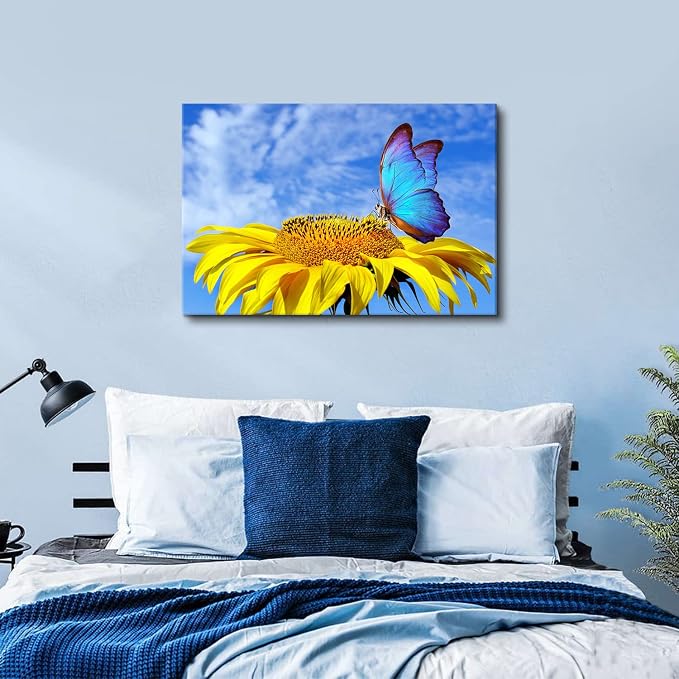 Sunflower Wall Art Bathroom Decor Blue Butterfly Canvas Pictures for Bedroom Sunflower Wall Decor Floral Posters Living Room Kitchen Home Decoration Yellow Sunshine Flower Painting Modern Artwork 20x30"