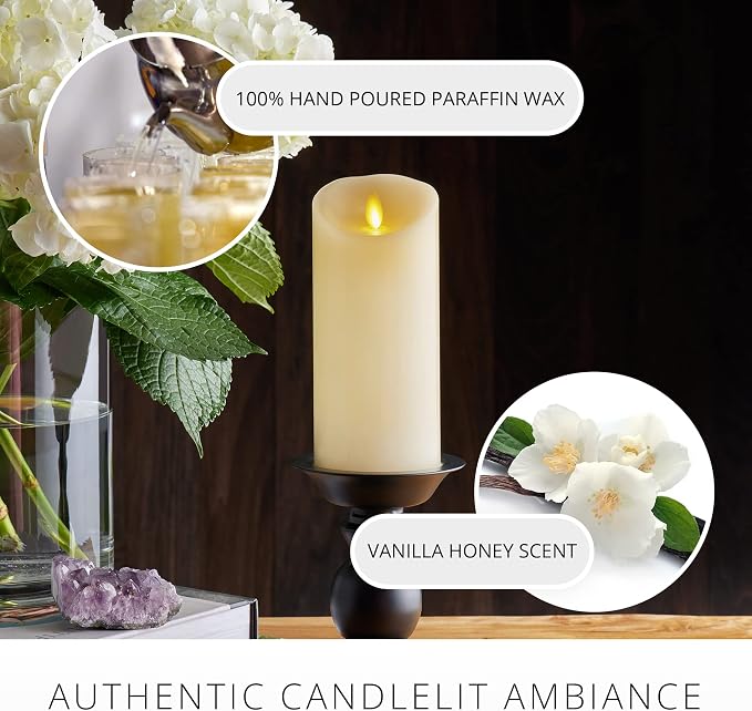 Luminara Scalloped Edge Flameless LED Candle, Ivory, 3" x 6.5", Battery Operated, Moving Flame, Real Wax Pillar with Timer, Vanilla Honey Scented
