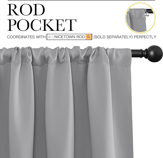 NICETOWN Silver Grey Blackout Curtains for Living Room - Triple Weave Home Decoration Thermal Insulated Solid Rod Pocket Blackout Drapes for Bedroom(Set of 2, 42 x 72 Inch)