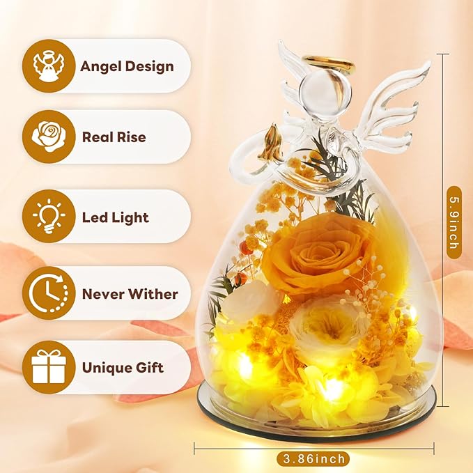 Yellow Preserved Rose Angel Figurine, Thank You Gifts for Female Coworker Teacher Nurse, Real Flower Friendship Farewell Birthday Presents
