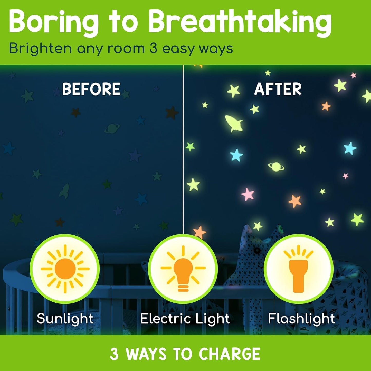 BUNMO Glow in The Dark Stars for Ceiling & Walls – 280 Piece Bright Wall Stickers, Long Lasting Non-Toxic Decals with Moons & Planets for Kids Bedroom, Nursery & Room Decor