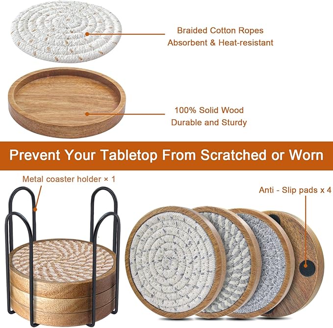 Eykao Coasters for Drinks Absorbent Sets of 8, Woven Coasters with Holder, Wood Coasters for Coffee Table, Housewarming Gift for Farmhouse Home Decor, 4 inches Brown & Gray