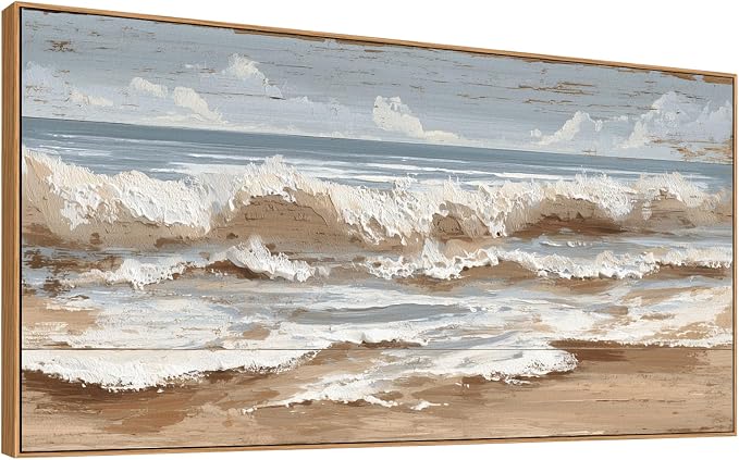 The Mode Art Ocean Wave Canvas Print Framed Beach Landscape Wall Decor Neutral Blue & Beige Artwork for Living Room Bedroom Sofa Fireplace 30x58inch