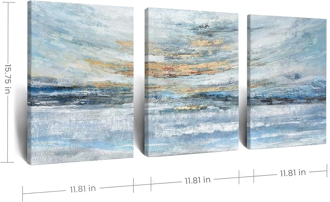 Abstract Canvas Wall Art for Bedroom 3 Piece Ocean Painting Coastal Theme Artwork Blue and Yellow Sunset & Sunrise on the Beach Seascape Picture for Bathroom Living Room Light 12x16inchx3 panel
