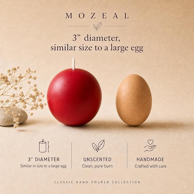 MOZEAL Hand-Poured, 3 Inch Red Round Ball Candles - Elegant Red Round Pillar Candles Set of 3, Dripless, Unscented, Smokeless, Ideal for Valentine's Day and Christmas.