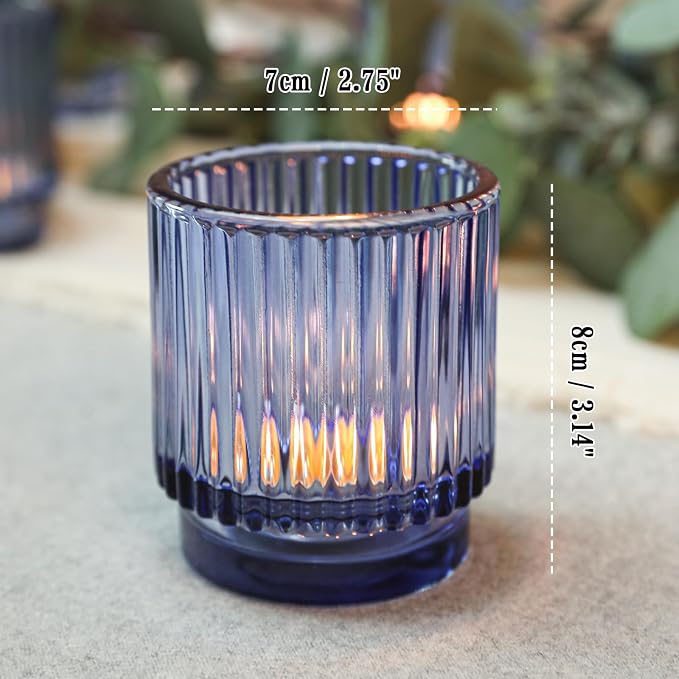 Vintage Ribbed Blue Glass Tealight & Votive Candle Holders (Set of 12), Wedding Bridal Shower Party Table Decor, Fall Decor, Boho Decor, Shelf Decoration