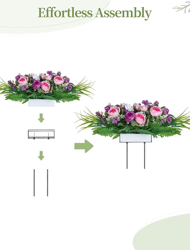 Artificial Cemetery Flowers with Stake: 1Pc Purple Roses Pink Peonies Realistic Memorial Day Grave Flowers for Cemetery - Outdoor Grave Decorations Funeral Arrangements