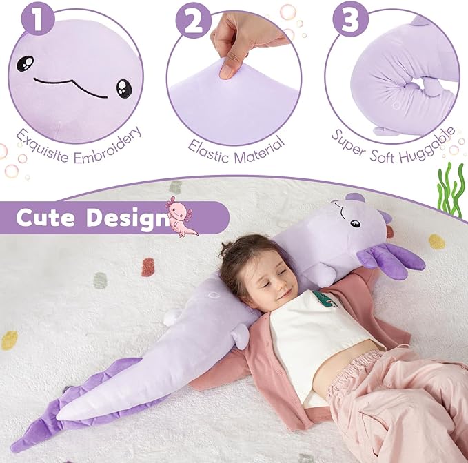MaoGoLan Giant Axolotl Plush Toy Stuffed Animal, Huge Axolotl Body Pillow for Kids Girl Boy, Long Purple Salamander Plush Glow in The Dark, Valentine Birthday Gifts Holiday Easter Decor