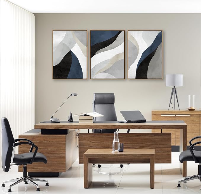 Large Abstract Framed Wall Art - Canvas Wall Art Pictures Prints for Living Room Decor Natural Float Framed Artwork for Bedroom Kitchen Home Office Decoration 60" X 28" Set of 3 Blue Grey