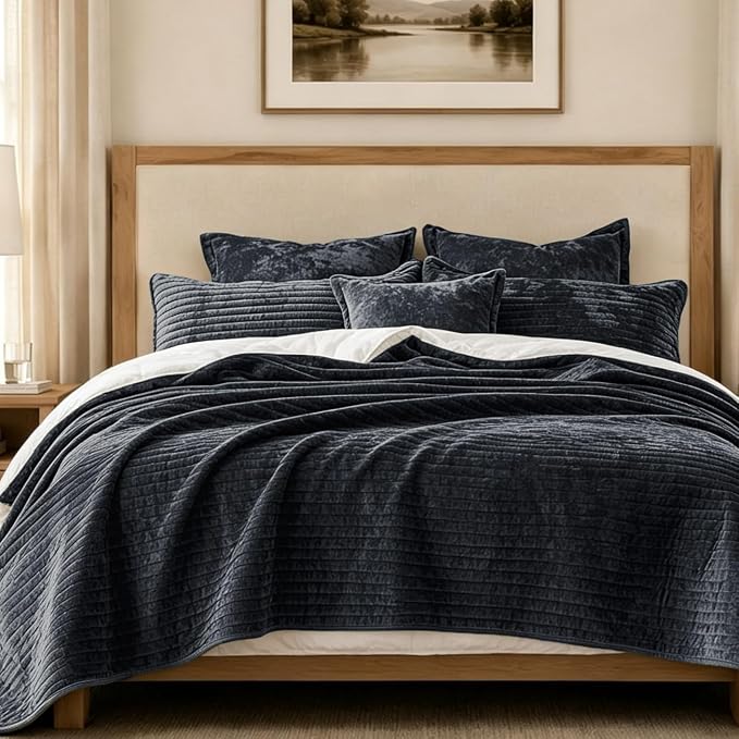 Luxury Velvet Oversized King 120x120 in Quilt Set 3 Piece Quilted Bedspread with 2Pillow Shams(20x36) Ultra Soft Coverlet All Season Bedding for Farmhouse Modern Bedroom Sofa,Grey Blue