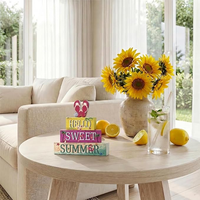 Smile 4 Pcs Summer Indoor Wooden Decor, Beach Flip Flop Hello Sweet Summer Tiered Tray Farmhouse Table Decoration for Home and Office