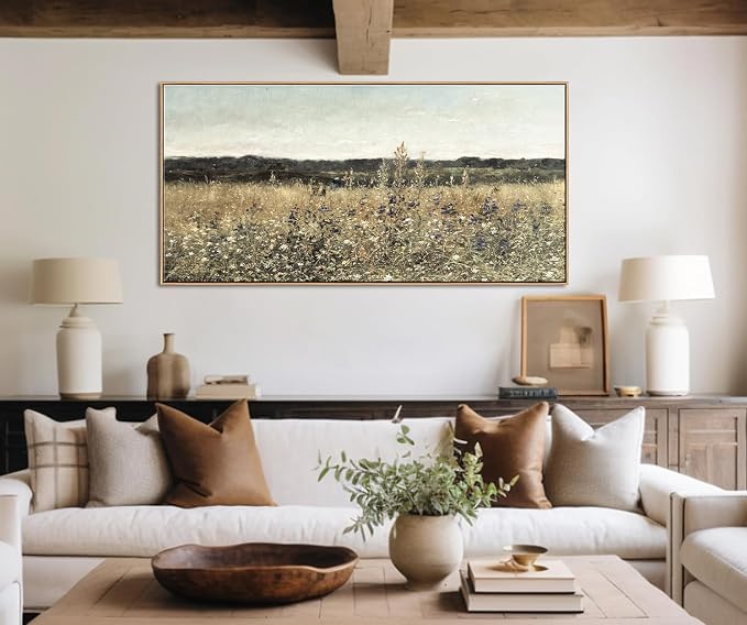 DJSYLIFE Framed Canvas Wall Art Wildflower Field, 29.52 x 57.87 Inch | Extra Large, Oversized, Vintage Landscape Painting Prints, Classical Flowers Pictures, Farmhouse Living Room Bedroom Decor