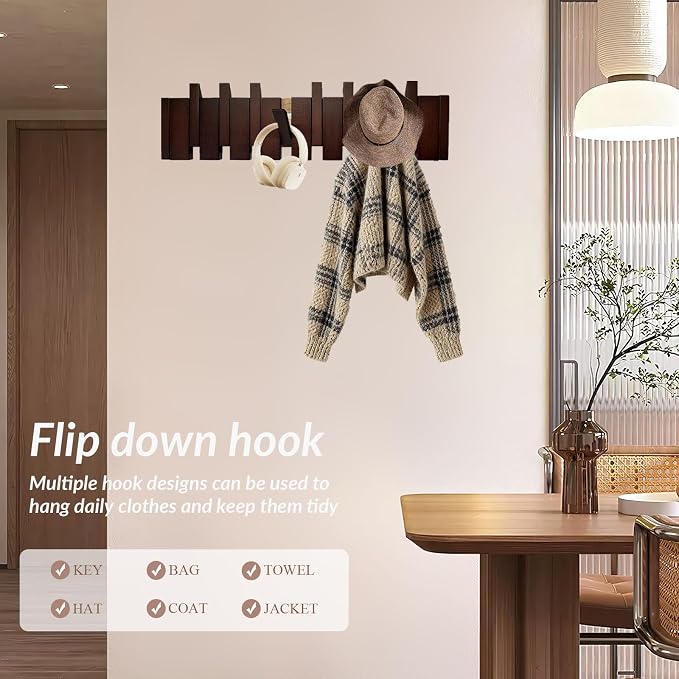 Piano Coat Rack 8-Hooks Wooden Wall Hooks Entryway Hanger Piano Key Coat Rack Wall Mount Wood Wall Hooks for Hanging Towel Hat Clothes Dog Leashes Heavy Duty Wall Mounted Wooden Coat Rack Flip Down