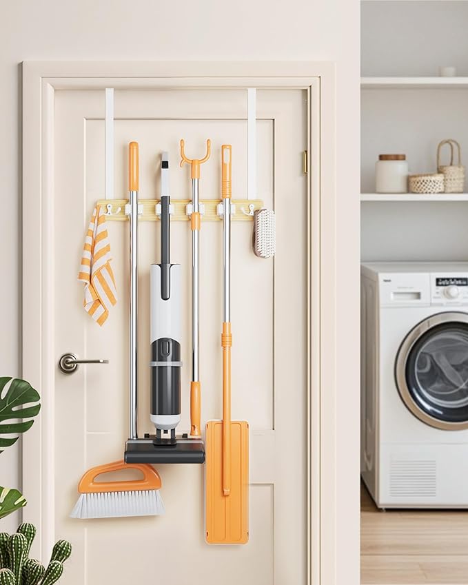 Mop and Broom Holder Wall Mount, No Drill Over the Door Broom and Mop Holder with 4 Slots and 4 Hooks, Wood Tool Hanger for Laundry, Cabinet, Kitchen, Garage