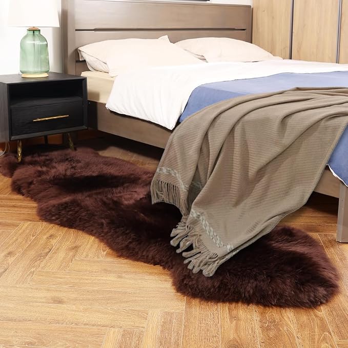 IRIWOOL Premium Genuine Fur Sheepskin Rug Real Australia Sheepskin Natural Luxury Fluffy Lambskin Fur Area Rug Seat Covers for Kids Bedroom Sofa Chair Cover (Mocha, Double Pelt/2ft x 6ft)