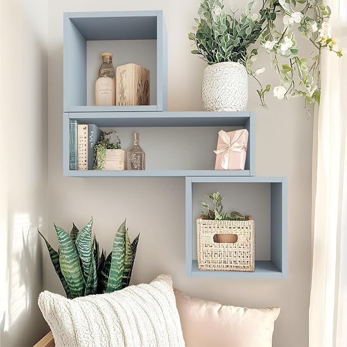 Kaboon Cube Floating Shelves Set2, Display Shelves Wall Mount 7.75" D x 12.5" W x 12.5" H, (Greylish Blue, Square 2 Cubes)
