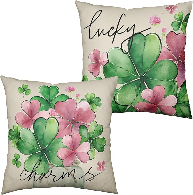 Pack of 2 St Patricks Pillow Covers 24x24 Inch Spring March Holiday Square Pillowcases Green Pink Clover Lucky Charms Cushion Cases Pink Shamrock Decor for Home Sofa Bed