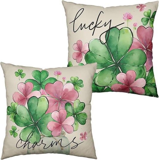 2 Pack Saint Patricks Day Pillow Covers 22x22 Lucky Charms Square Cotton Linen Pillow Cases Shamrock Clover Vase Throw Pillow Covers for Home Bed Couch St Patricks Day Decor