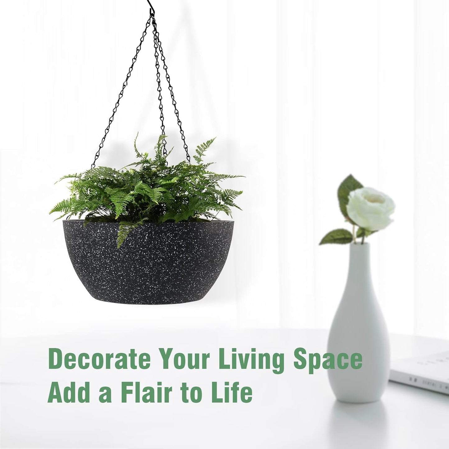 10 inch Hanging Planters for Outdoor Indoor Plants with Drainage Holes and Chain, 2 Pack Round Hanging Flower Pots for Garden Home Porch Decor, Speckled Black