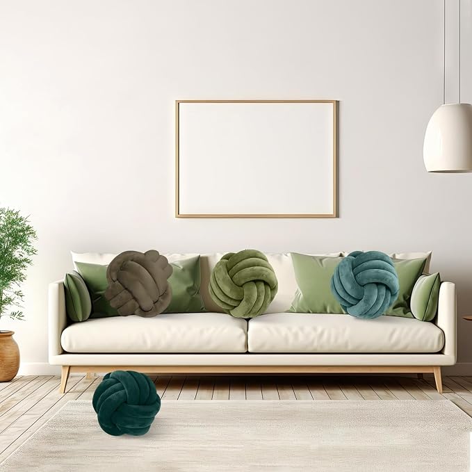 Yerliker 4 Pcs Knot Pillow Ball, 8.7 Inches Soft Home Decorative Round Throw Pillow Handmade Knotted Plush Accent Cushion Gifts for Nursery Decor Home Bed Sofa Bedroom Decoration(Green Series)