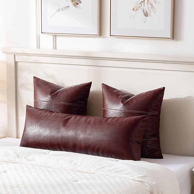 Fancy Homi Burgundy Boho Long Lumbar Faux Leather Body Decorative Throw Pillow Cover 14x36 Inch for Bed Couch Sofa Bench, Thick Stylish Solid Wine Red Pillowcase, Rustic Modern Farmhouse Room Decor