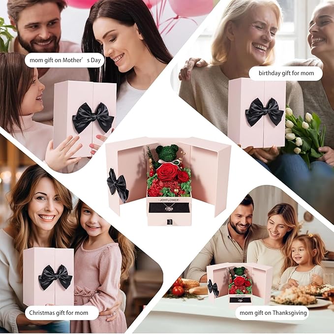 JoyFlower Preserved Rose Moss Bear with Necklace Christmas Roses Gifts Forever Flowers Red Rose Teddy Bear for Mom Women Girlfriend Wife Grandma Valentines Mothers Day Birthday Anniversary Wedding