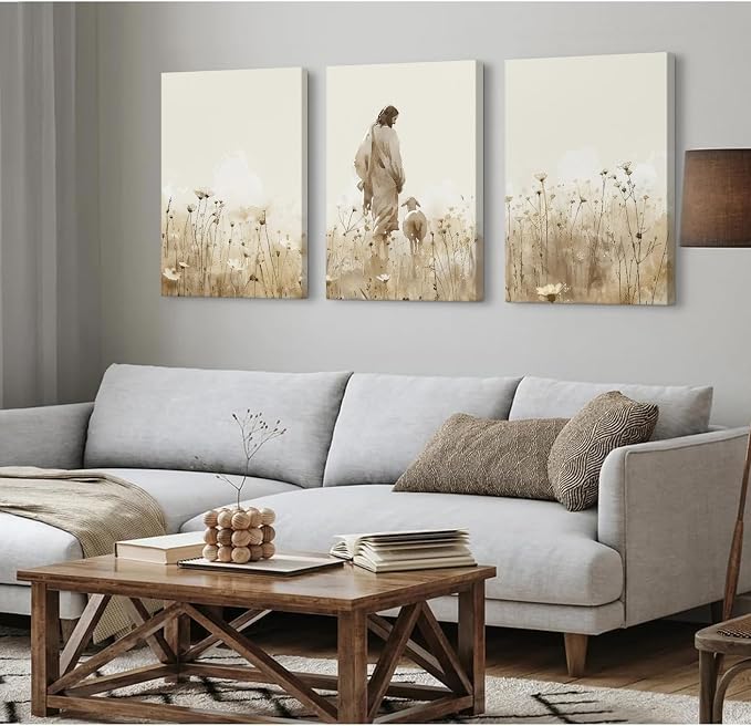 Jesus Leaves the 99 Sheep Wall Art Christian Canvas Poster Jesus and Lamb Wall Decor Religious Pictures Lost Sheep Painting God Christ Painting Artwork for Bedroom Living Room 12x16x3 Inch Ready to Hang