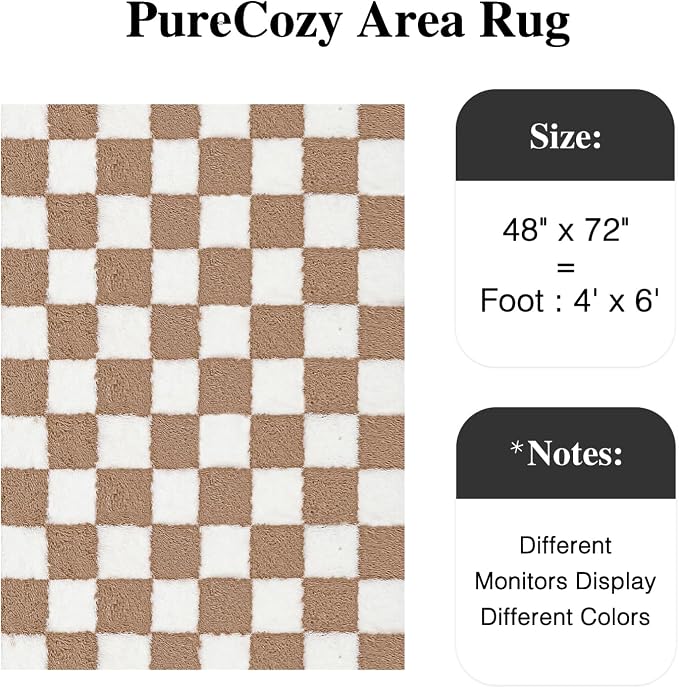 PureCozy 4x6 Area Rugs for Kids Room Brown Soft Shag Checkered Rug Modern Washable Indoor Office Fuzzy Carpet Non-Slip Fluffy Rugs for Bedroom Nursery Dorm Playroom Home Aesthetic Decor