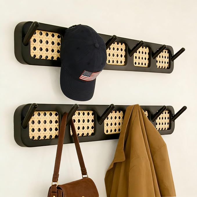 Coat Rack Wall Mount, Rattan Coat Hooks Hanger Wall Mounted | 6 Heavy Duty Bamboo Hooks Rack Rail for entryway Hanging Clothes Hats Bags Jackets Towels Plants,Natural