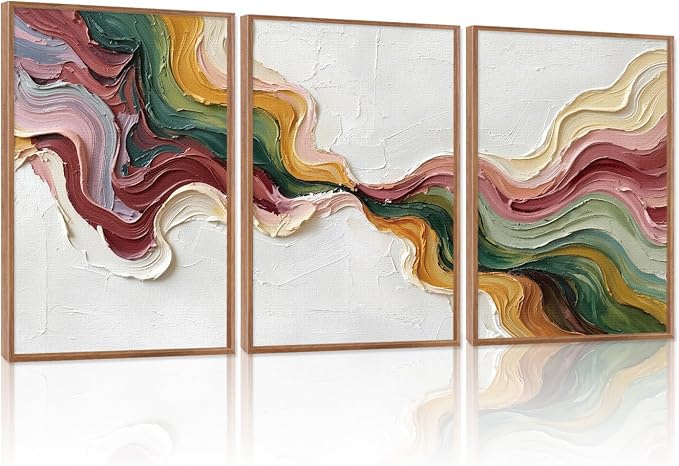 CHDITB 3D Textured Abstract Wave Framed Canvas Wall Art Set, Modern Neutral Earth Tone Picture Flowing Ribbon Wall Decor, Multicolor Minimalist Line Art Prints for Living Room Hallway Home Decor 16"x24"x3