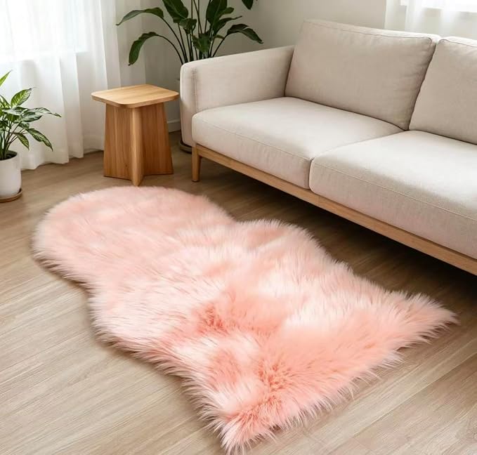 Faux Fur Rug 2 x 3 ft Sheepskin Shaggy Fuzzy Pink Area Rug Super Soft Fluffy Plush Carpet for Bedroom Living Room Sofa Floor Kids Room Bedside
