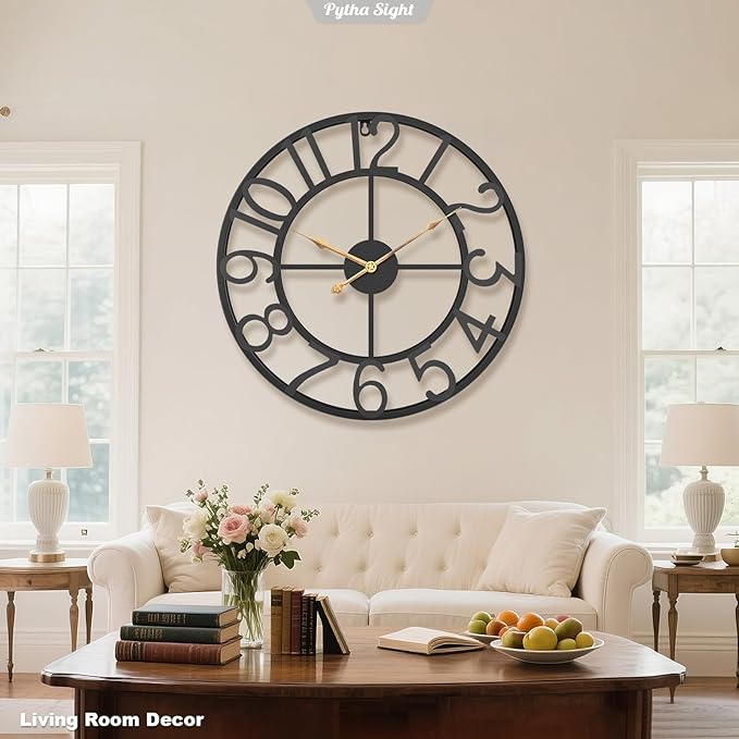 Pytha Sight 24 Inch Large Oversized Farmhouse Modern Decorative Wall Clock for Living Room,Silent Industrial Big Arabic Numerals Vintage Metal Round Wall Clocks for Kitchen,Dinng Room,Office