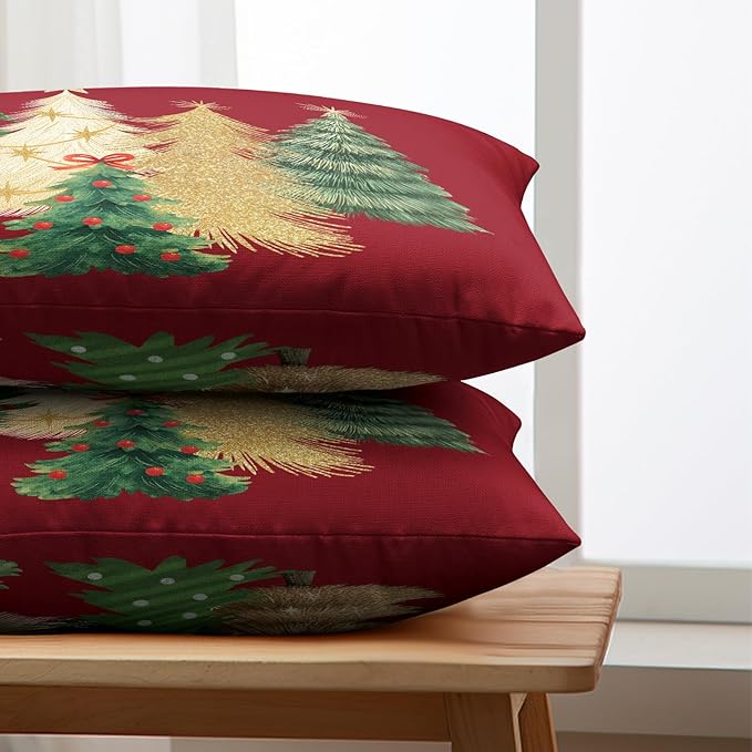 Red Christmas Lumbar Pillow Covers 12x20 Set of 2 Gold Green Xmas Tree Pillow Case Winter Holiday Throw Pillow Covers Rectangular Decorative Cushion Case for Couch Sofa