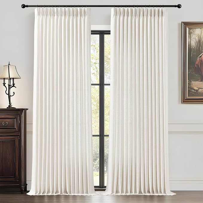 102 Inch Long Curtains Pinch Pleated Curtains for Living Room, Floor to Ceiling Light Filtering Pleat Drapes Natural Textured Thick Semi-Sheer Window Curtain with Hooks for Bedroom Farmhouse 2 Panels