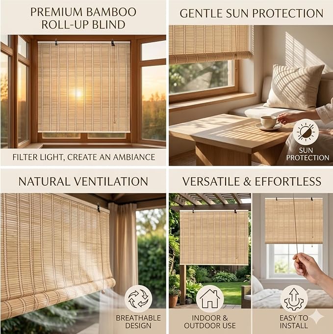 Bamboo Shades for Outdoor Patio, Custom Bamboo Blinds for Indoor Windows, Natural Woven Wood Window Blinds, Light-Filtering & Privacy Protection Roll Up Shades,Easy to Install