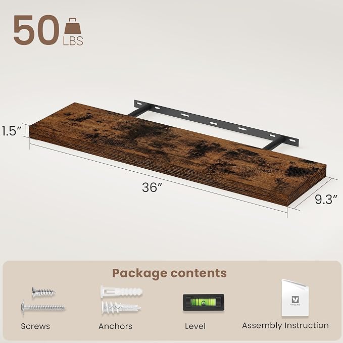 Vivelove Floating Shelves for Wall Mounted, 36 Inches Long Shelves, Display Shelf for Bathroom Living Room Kitchen Bedroom Office Farmhouse Home Decor, 36" X 9.3" X 1.5" - Set of 2, Rustic Brown