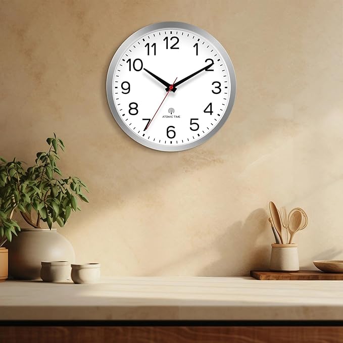 AKCISOT Atomic Wall Clock 12 Inch Clocks for Kitchen, Battery Operated Clock for Bedroom Office Classroom Living Room(Silver)