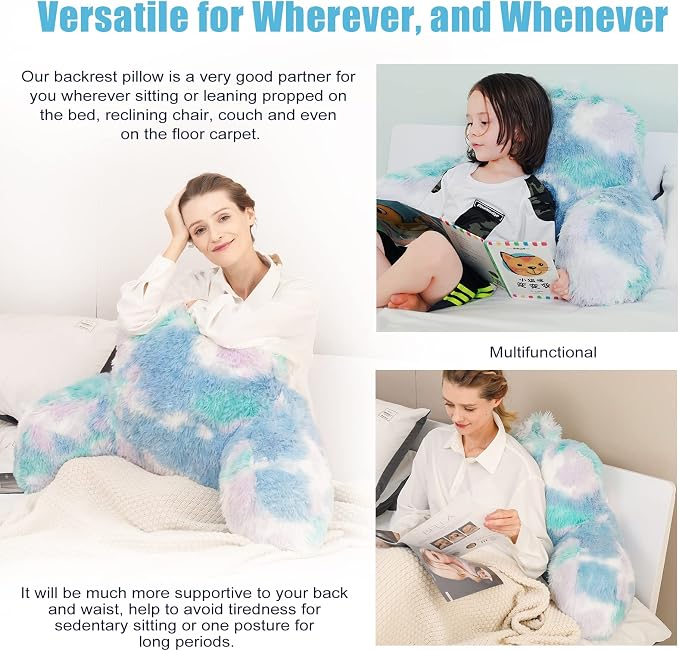 Reading Pillow for Bed Adult - Faux Fur Backrest Pillow with Arms, Ergonomic Back Rest Pillow for Sitting Up in Bed, Extra Fluffy Sit Up Pillow, Students, Teens, Kids Study Pillow, Xmas Gift