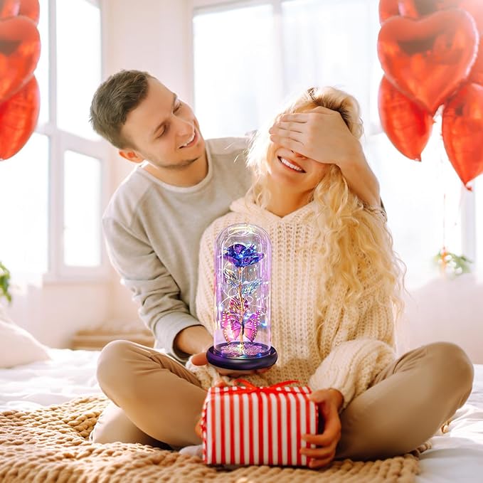 Mothers Day Mom Gifts for Mom Women Birthday Gift Galaxy Glass Rose in Glass Dome Forever Eternal Crystal Flowers with Butterfly Mother's Day Flower Gifts for Women Wife Grandma Daughter Sister Purple