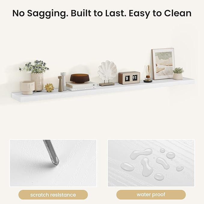Fun Memories Rustic Floating Wall Shelves, Wall Mounted Wood Storage & Display Shelves for Bathroom, Bedroom, Living Room or Kitchen, (Set of 2, White, 72 in)