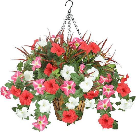 Artificial Flowers Hanging Baskets for Outdoors, 5PCS UV Resistant Faux Outdoor Plants, Fake Petunias Silk Flowers for Garden Balcony Yard Porch Decor (White Red Pink)