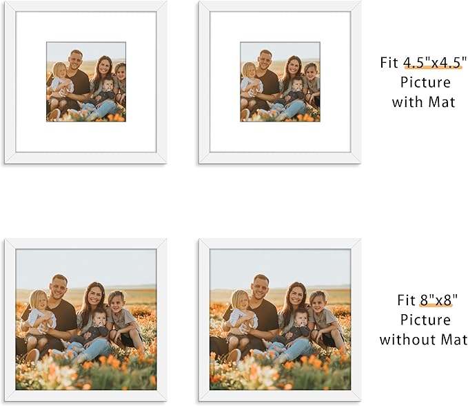 Picrit 8x8 Picture Frame Set of 12, Display 5x5 with Mat or 8 x 8 without Mat, Photo Frames for Wall Mounting or Table Top Display, White