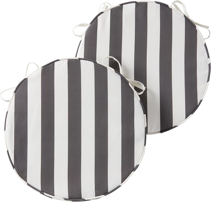 Set of 2 Outdoor 18 inch Round Patio Dining Chair Pads – Comfortable Fiber-Filled Seat Cushions with Ties, Reversible Polyester Fabric, Canopy Stripe Gray