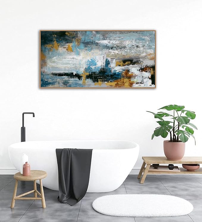 Framed Abstract Wall Art Large Canvas Picture Modern Blue Grey Brown Canvas Painting Artwork Abstract Canvas Prints Wall Decoration for Living Room Bedroom Office Home Wall Decor Ready to Hang 24x48in