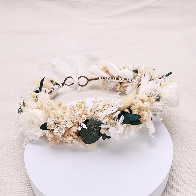 Rustic Preserved Dried Flower Crown with Cream Roses, Natural Floral Headband for Brides Bridesmaids Flower Girls