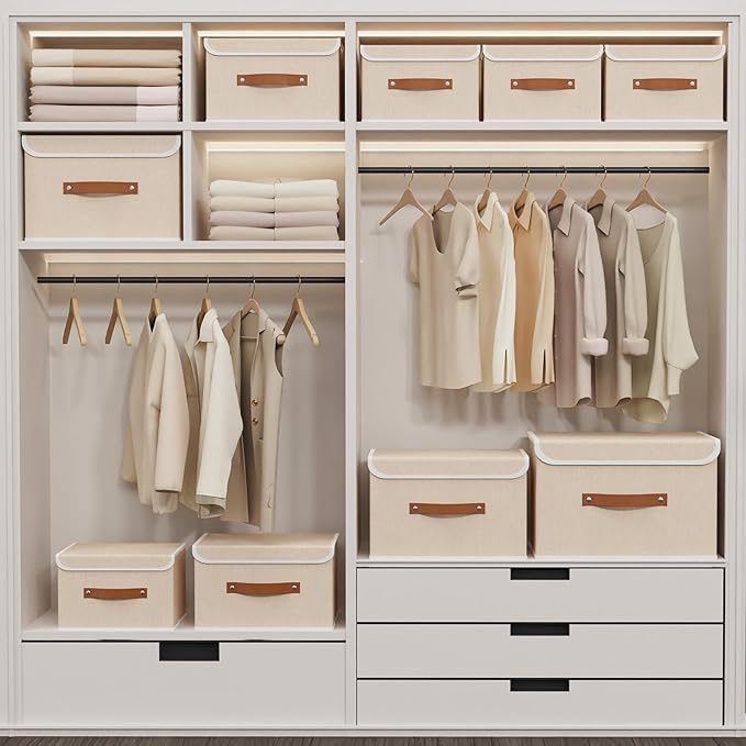 Yawinhe Collapsible Storage Boxes, Stackable Linen Fabric Baskets, Bin with lid and Leather Handle, Washable, for Home, Closet, Beige, 10.2x7.9x6.7 In, 5-Pack, SNK024BEN-5