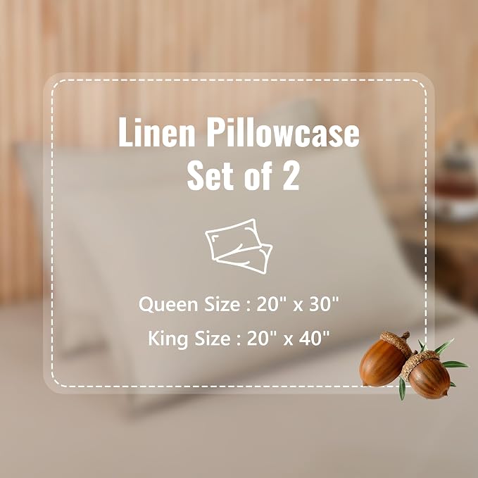 French Linen Pillow Cases - Moisture-Absorbing Linen Pillow Shams, King Size (20''x40''), Khaki