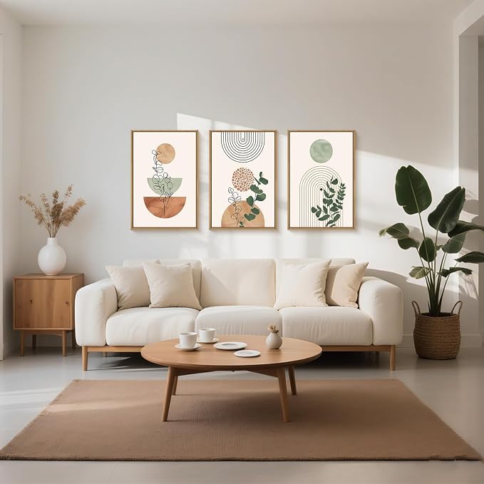 Ausril Boho Terracotta Green Framed Canvas Wall Art Set, Abstract Bohemian Wall Decor, Mid Century Modern Geometric Wall Painting, Neutral Botanical Art Print Living Room, Bedroom, Office 16"x24"x3