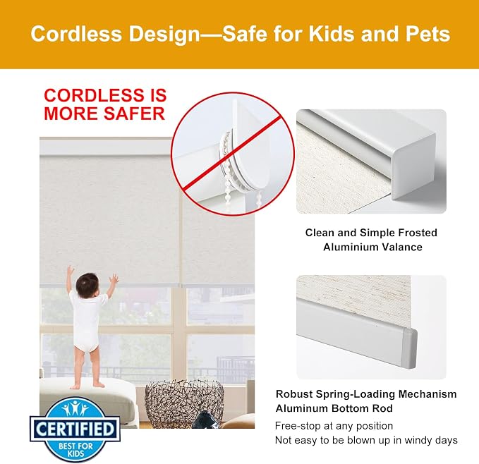 Persilux Free-Stop Cordless 100% Blackout Roller Shades for Indoor Windows, Natural Woven Fabric UV Protection Privacy Thermal Insulated Roller Window Shades for Home, Bedroom, Cream 34.5" W x 72" H